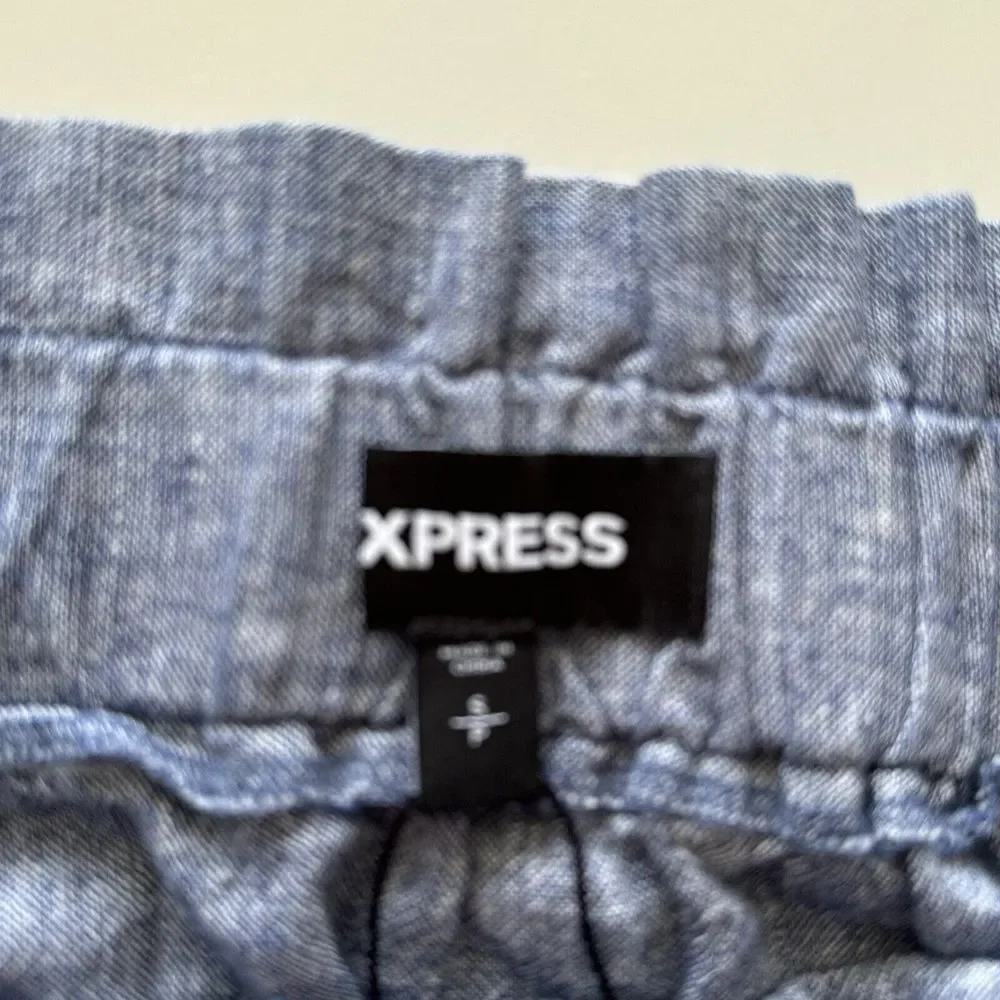 Express Skirt Size S Maxi Chambray Linen Skirt Blue Front Slit‎ Elastic Pull On - Picture 6 of 10